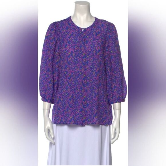 Tanya Taylor Fuchsia Floral Printed 100٪ Silk Hidden Button Front Blouse | 10 - Picture 1 of 12